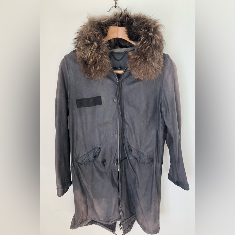 Sisii Leather Parka, size L, hood, zip and snap front fur lining.